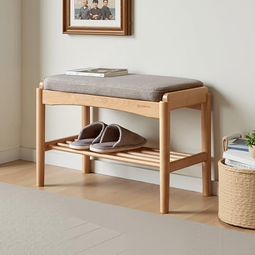 Oak Wood Shoe Bench, 24 Inch Entryway Bench with Gray Cushion | Natural oak finish with soft gray cushion creates a versatile seating solution for entryways and small spaces. - color: Natural + Gray Cushion, size: 23.62"