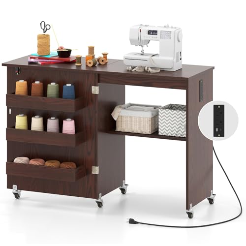 Giantex Folding Sewing Table with Charging Station, Storage Trays & Shelf | Rolling Craft Table with Lockable Wheels, Foldable Sewing Machine Cabinet Desk for Small Spaces, Dorms, Espresso - color: Espresso