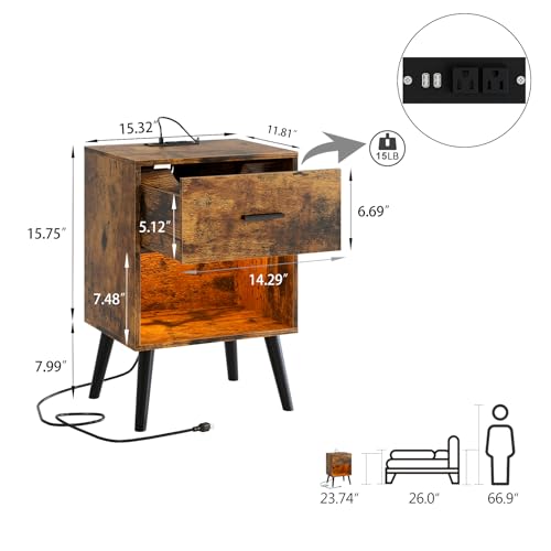 Aienvey Nightstand with Charging Station and LED Lights, Rustic Brown | Small Side Table, Bedside Table with Drawer, Modern Night Stand with Light/Power Strip, End Table for Bedroom, Living Room - color: Rustic Brown