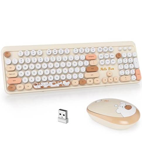 GTSP Creamy Wireless Keyboard and Mouse, Typewriter Office Full-Sized Colorful 2.4G Cute Aesthetic Keyboard for Computer, Laptop, PC Desktops（Brown） - color: Bear-brown
