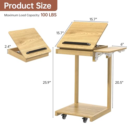 OtterOasis C Shaped End Table for Couch Rolling Side with Wheels Oak | Wood, Desk Tv Tables, with Folding Desktop, Lockable Wheel, with Hidden Storage, for Living Room, Bedroom - color: Oak