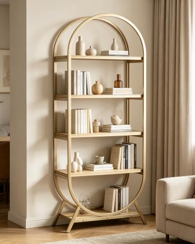 Bookshelf Arched Bookcase, Industrial 5 Tier Open Book Shelves with Metal Frame, 72" Tall Freestanding Display Rack for Home Office, Living Room,Nature Wood and Gold - color: Nature Wood & Gold, size: 5 Tier Arched