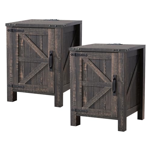 OKD 18" Farmhouse End Table Set of 2, Dark Rustic Oak | Rustic Nightstand, Charging Station, Barn Door, Adjustable Storage Shelf, Wood Sofa Side Table, Living Room, Bedroom - color: Dark Rustic Oak
