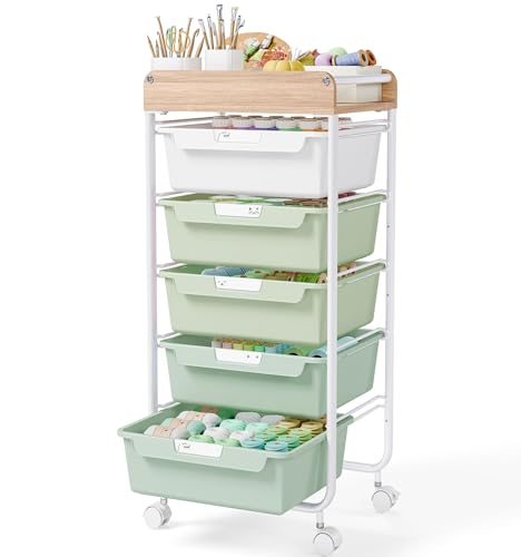 Utility Cart with Drawers,Craft Cart with 5 Drawers,Art Supply Organizer,Rolling Drawer Cart,Craft Storage Cart,Storage Drawer Carts With DIY Lable and Wooden Tabletop Area,Green - color: Green, size: 5-Drawer