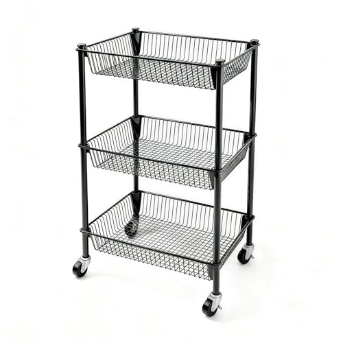 Pantry Organizer and Storage Shelves Kitchen Cart for Fruit Vegetables, 3 Tier Utility Cart with Wheels, Onion Potato Storage Basket Thicken Metal Trolley for Laundry Bathroom, Black - color: Black, size: 3 Tier