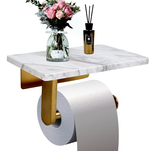 Toilet Paper Holder with Natural Marble Shelf for Bathroom Washroom,Wall Mounted Tissue Holder Suitable for Mega Roll (Brushed Gold, Middle 7.87 * 4.72 in) - color: Brushed Gold, size: Middle 7.87 * 4.72 in