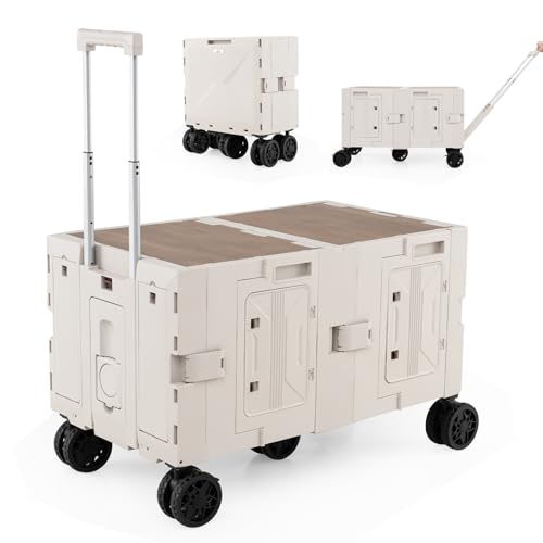 Goplus Large Foldable Utility Cart w/ 2-Tier Storage Crates, 5 Rotate Wheels, Metal Telescoping Handle, Portable Rolling Trolley Collapsible Cart for Grocery Shopping Camping & Travel - color: White, size: 20" x 34" x 22"