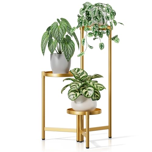 3 Tiered Plant Stand Indoor for Multiple Large Planter, Tall Heavy Duty Adjustable Folding Rack with Rustproof 7.9 Inch Wide Tray, Gold Plant Shelf for Corner Living Room - GoldDisk - color: GoldDisk, size: 3-tiers
