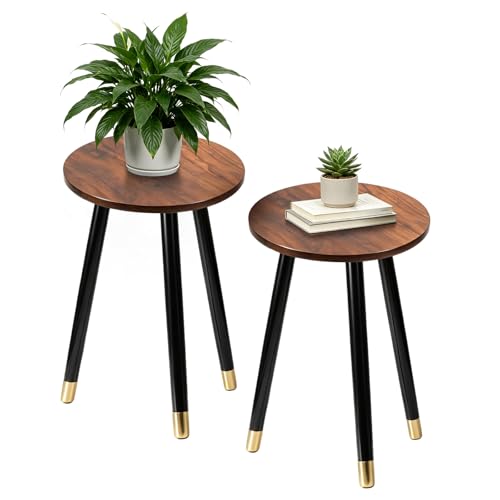 2-Pack Mid Century Plant Stand for Indoor Plants, Modern Wood & Metal Flower Pot Holder Stand for Living Room, Decorative Small Round Side Table for Balcony, Patio, Office, 16.5” High, Walnut & Black - color: Walnut+Black, size: 16.5"