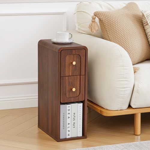 Narrow Nightstand with 2 Drawers, Small Bedside Tables, Mid-Century Modern Slim Night Stand with Storage, Wooden End Table for Small Spaces, Bedroom, Living Room (Walnut-1PCS) - color: Walnut-1pcs, size: 2 Drawers