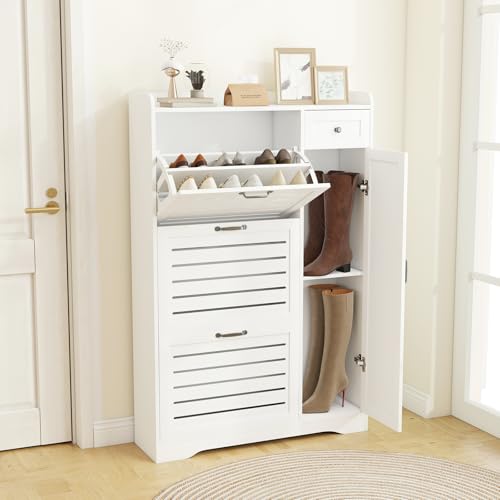 Narrow Shoe Storage Cabinet with 3 Flip Drawers, Doors & Adjustable Shelves, Slim Shoe Rack Cabinet for Entryway Closet, Deodorizing Wooden Boot Storage Organizer Freestanding Hidden, White - color: White