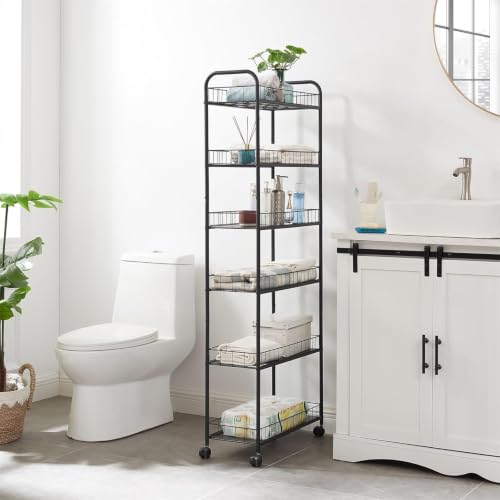 6-Tier Ultra Slim Rolling Storage Cart with Wheels, Narrow Metal Organizer Shelf Unit for Kitchen, Bathroom, Laundry Room, Office, Dorm, RV, Mobile Storage Rack, Black, 6" Wide - size: 6" Wide