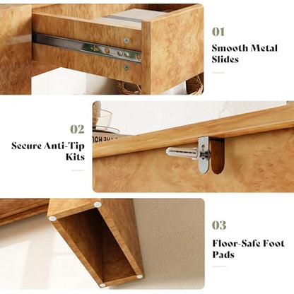 AMERLIFE 63" Burl Wood Console Table, Modern High Gloss Entryway Table with 2 Storage Drawers, Long Sofa Table Behind the Couch for Entrance, Hallway, Foyer, Living Room, Natural - color: Natural