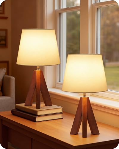 Small Tripod Table Lamps Set of 2, Modern Nightstand Lamp with Fabric Shade, Boho Bedside Wood Desk Light for Bedroom, Kids Room, Living Room, Office, Study, Dark Wood and White, LW51TLP205 - color: 2Pack White+Pearwood