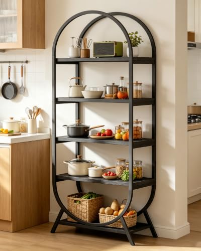 Bookshelf Arched Bookcase, Industrial 5 Tier Open Book Shelves with Metal Frame, 72" Tall Freestanding Display Rack for Home Office, Living Room, Black - color: Black, size: 5 Tier Arched