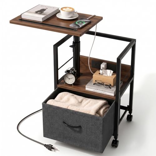 Faesun Swivel Lift Top Nightstand with Charging Station, Rolling Side Table for Recliner, Bedside Table with Wheels & a Fabric Drawer, for Small Spaces, for Bedroom, Living Room, Walnut Gray - color: 02 - Walnut Gray, size: 1 Drawer