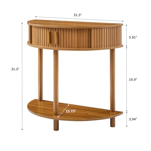 Entryway Table, Half Moon Fluted Console Tables with Storage, Mid Century Modern Small Half Round Sofa Tables for Hallway, Narrow Curved Accent Decor Table for Living Room (Mid-Century Modern, Walnut)