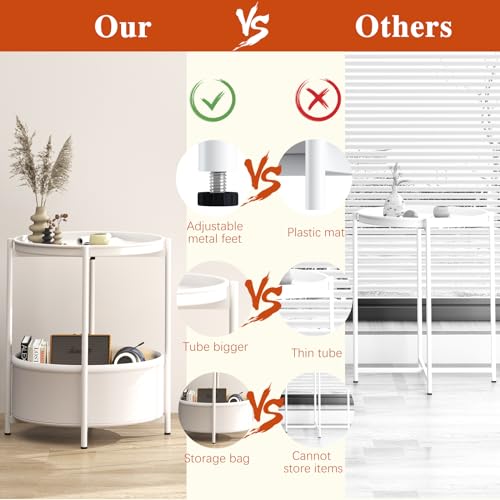 Garden 4 you Side Table with Fabric Storage Basket, Round Metal End Table, Small Bedside Table Nightstand with Removable Tray, for Nursery, Living Room, Bedroom, Bathroom, White - color: White