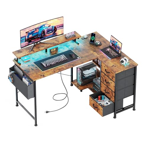 VERMESS 47" Reversible L Shaped Gaming Computer Desk, Corner Desk with Power Outlets & Monitor Stand, Writing Study Table with 4 Storage Drawers, Desk with LED Lights, Rustic Brown - color: Rustic Brown, size: 47 Inch
