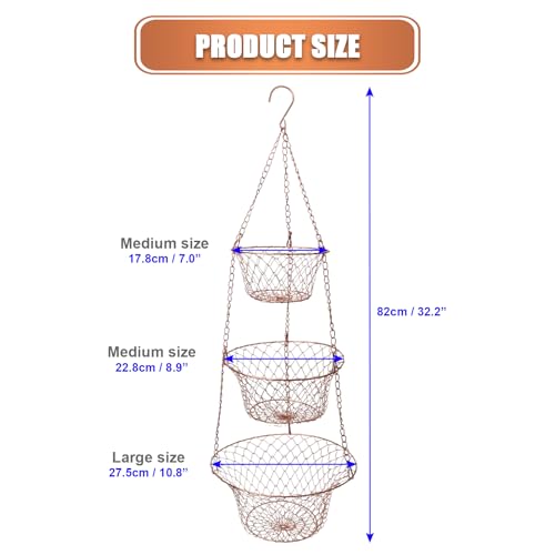 Hanging Fruit Basket – 3 Tier Hanging Baskets for Kitchen – Heavy Duty Wire Fruit and Vegetable Basket with Hooks, Copper Finish 32 Inches Kitchen Organizer, Storage Rack, Durable Iron