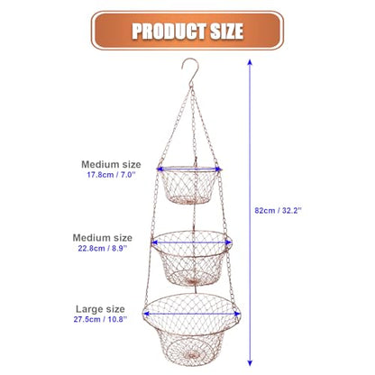 Hanging Fruit Basket – 3 Tier Hanging Baskets for Kitchen – Heavy Duty Wire Fruit and Vegetable Basket with Hooks, Copper Finish 32 Inches Kitchen Organizer, Storage Rack, Durable Iron