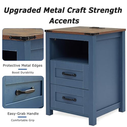 Farmhouse Night Stand Set of 2, Rustic Blue Nightstand for Bedroom, End Tables with Charging Station, Bedside Table with Drawers, Wood Bedside Cabinet Dresser - color: Blue, size: 2pcs with Charging