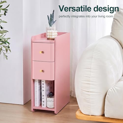 Pink Narrow Nightstand, Wooden Small 2 Drawer Nightstand, Slim Side End Table, Skinny Bedside Table, Mid Century Modern Night Stand with Drawers, for Living Room (Pink-1 pc) - color: Pink-1 Pc