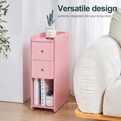 Pink Narrow Nightstand, Wooden Small 2 Drawer Nightstand, Slim Side End Table, Skinny Bedside Table, Mid Century Modern Night Stand with Drawers, for Living Room (Pink-1 pc) - color: Pink-1 Pc