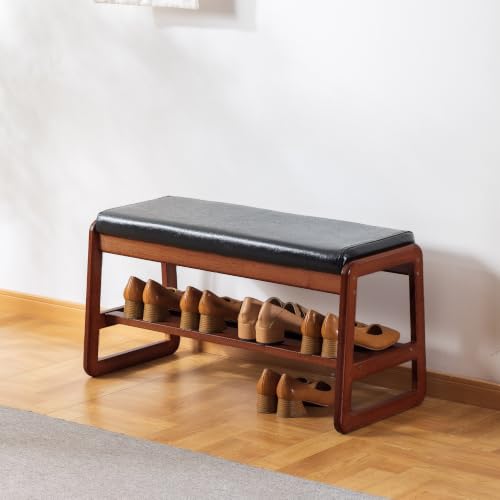 SOBIBO Solid Wood Shoe Bench, 2-Tier Wooden Entryway Bench, Modern Shoe Rack with Cushion for Hallway, Living Room (Black, 31.5'') - color: Black, size: 31.5 inches