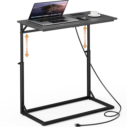 Vagusicc C Shaped End Table with Charging Station, Large C-Table End Table Adjustable Height Side Table for Couch, Sofa Table Slide Under Couch Table TV Tray Table for Living Room, Bedroom,Gray Walnut - color: Gray Walnut, style: With Plug