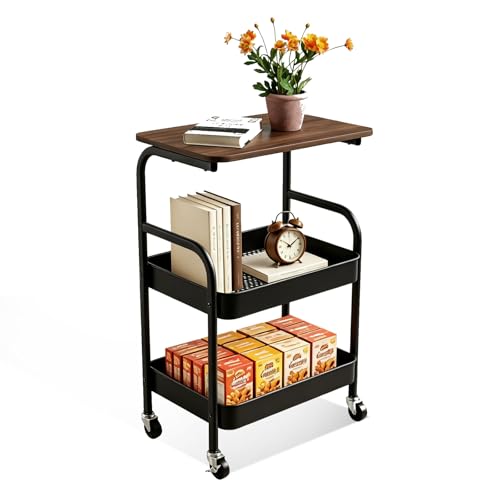 3 Tier Rolling Cart with Walnut Table Top, Sturdy Metal Storage Cart with Lockable Wheels, Multi-Purpose Mobile Shelf for Kitchen, Bedroom, Snacks, Coffee, Craft, Makeup, Garage (Black) - color: Black