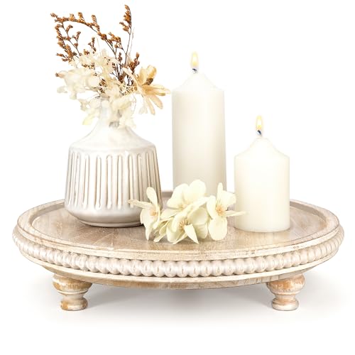 EOSAHR Rustic Round Pine Wooden Display Riser – Farmhouse Beaded Wooden Trays For Decor, Plant Stand & Coffee Table – Display Risers for Room Decor & Kitchen Organizer (Light-Natural) - color: Light-Natural