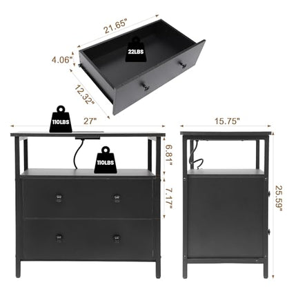 Edbuosy 27 inch Wide Night Stand with Charging Station, Bedside Table with Open Shelf, 2 Drawers Small Wood Dresser, Modern Wood Nightstand for Bedroom/Living Room, Black - color: Black, size: 27"W-2 Drawers