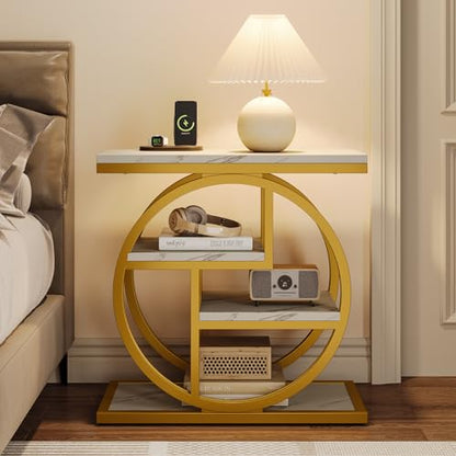 Tribesigns End Table for Living Room, Modern Faux Marble Narrow Side Table with Storage Shelves, 4-Tier Bedside Table for Bedroom, Small Sofa Side Table with Geometric Metal Frame (1 PC, White & Gold) - color: White & Gold