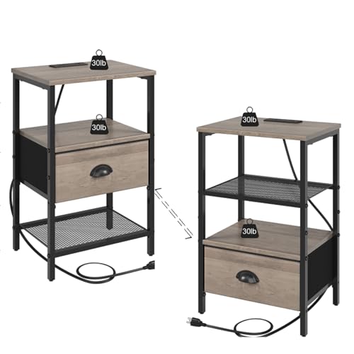 sthmec Nightstands Set of 2, Night Stands with Charging Station and Fabric Drawer, Grey Bedside Tables with Drawers, 2- Tier Side Table with Storage, Nightstands with Charging Station,Grey - color: Grey, style: Power