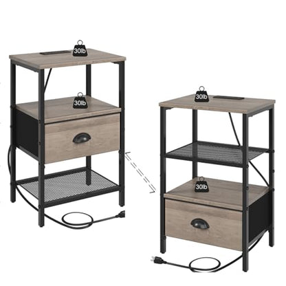 sthmec Nightstands Set of 2, Night Stands with Charging Station and Fabric Drawer, Grey Bedside Tables with Drawers, 2- Tier Side Table with Storage, Nightstands with Charging Station,Grey - color: Grey, style: Power