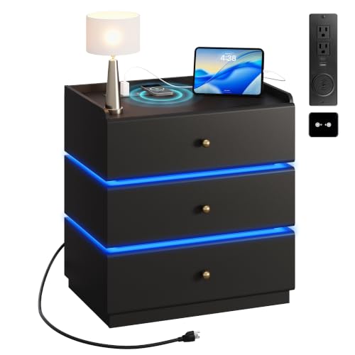 WLIVE LED Nightstand with Wireless Charging Station, Motion Sensor LED Bedside Table with 3 Drawers, Modern Night Stand for Bedroom & Gaming Room, Black - color: Black, size: 3 Drawers