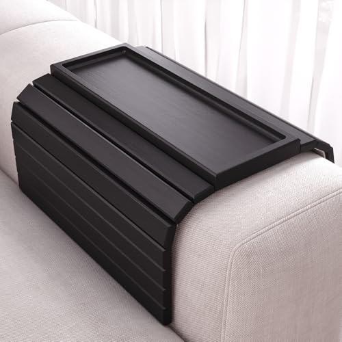 Sofa Arm Tray,Bamboo Folding Couch Arm Tray,Sofa Armrest Trays with Anti-Slip Pad for Drinks,Snacks,Phone,Remote Control（Black） - color: Black