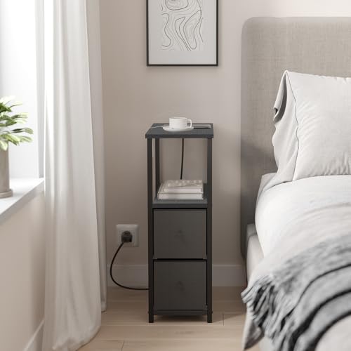 TUTOTAK Narrow End Table, Skinny Side Table with Charging Station | Bedside Table with Outlets, Slim Nightstand with 2 Cloth Drawers for Small Space, Living Room, Bedroom, Black TB01BK085 - color: Black, size: 1 Pack (2 Drawers), style: With Plug