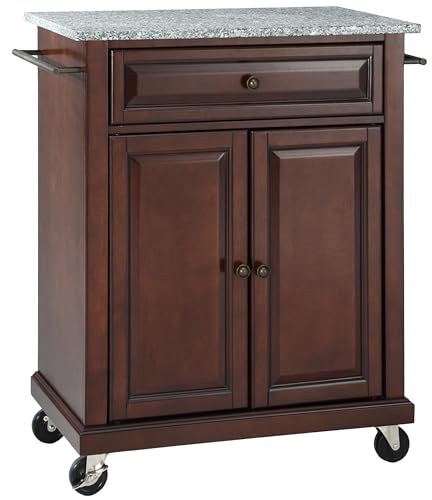 Crosley Furniture Compact Granite Top Small Rolling Cart with Shelves, Microwave Stand with Towel Rack, Mahogany - color: Mahogany, style: Gray Granite Top