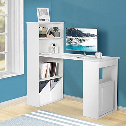 AUGESTER Computer Desk with Bookcase, Desk Bookshelf Cabinet 3 in 1 Functional Table, Compact Computer Workstation with Storage Shelf and CPU Holder, Suitable for Home & Office (White)