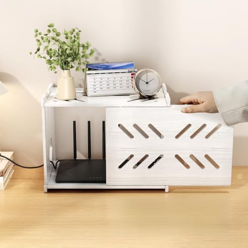 Solid Wood Projector Shelf Router Shelf Projector Stand Router Storage Box Router Cover Organized Modem Cable Power Strip Cable Management Hider Rack by Need Assembly (White) - color: White