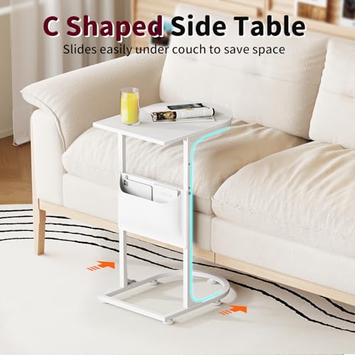C Shaped End Table, Slide Under Small Side Table for Couch & Small Spaces | Wobble-Free C Table For Sofa, White, Storage Bag, Sturdy Metal Frame, Wood Top, Living Room & Bedroom, 15-Min Quick Assembly - color: Classic White