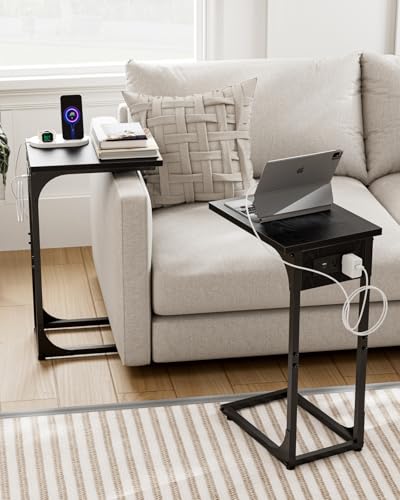 C-Shaped Side Table for Couch - Small Coffee Stand Sofa Tray Desk with Metal Frame Waterproof Scratch Resistant Wood Top and Built-in Charging Station, Black - color: Black, size: 1-Pack, style: Includes Power Outlets