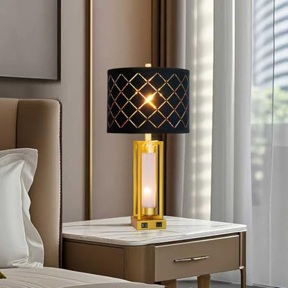 Set of 2 Modern Table Lamps for Living Room Bedroom with USB C+A | Rustic Nightstand Lamps with White Night Light, Black Grid Shade, Desk Lamps for Bedside End Tables, 4 Bulbs Included (Gold) - color: Gold