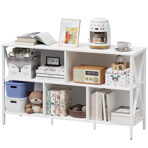 Horizontal Bookshelf,Industrial Modern 5 Cube Low Wide Cubby Bookcase,Long Wood and Metal Storage Organizer Open Shelf, Short Book Shelf Bedroom Storage for Home Office Living Room(White,5 Cube) - color: White, size: 5 Cube