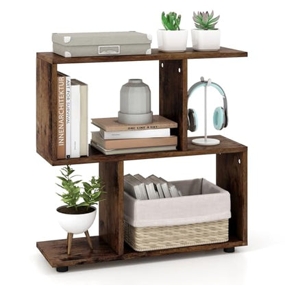 Tangkula 2 Tier Geometric Bookshelf, Freestanding Wood Display Shelf, Home Office Room Divider S Shaped Open Bookcase, Small Bookshelf for Small Spaces, Living Room, Study (Coffee, 1) - color: Coffee, size: 1
