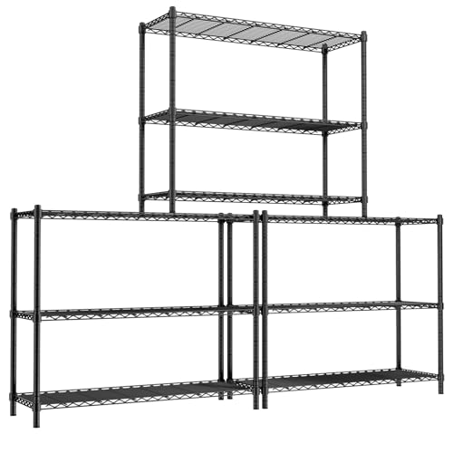 Storage Shelves, 3 PCS 48" L x 20" W x 47" H Heavy Duty Garage Wire Shelving Unit Loads 1200LBS, 3-Tier Adjustable Metal Industrial Utility Shelf Rack for Kitchen, Laundry Room, Basement - color: Black, size: 48" L x 20" W x 47" H 3PC