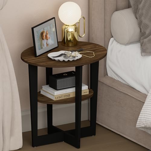 Furinno TIDUR Night Stand, 2-Tier Oval Nightstand with Round Edge Tabletop, Open Shelf Bedside Table, End Table, Side Table, for Bedroom, Closet, Dorm, Columbia Walnut - color: Columbia Walnut/Black, size: Oval Open Shelf