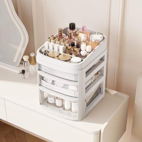Rolling Cart with 3 Drawers, Clear Plastic Drawer Organizers, Dust Proof Under Desk Storage for Makeup, Skincare, Art Crafts and Baby Items, Acrylic Cosmetic Organizer with Dividers, Vanity Cart - size: 3 Tier